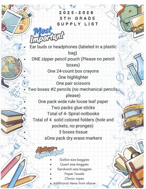 5th Grade Supply List